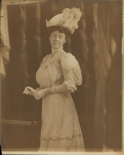 Mrs. Lon Stephens, née Margaret Nelson. Wearing Lace High-necked Dress and Plumed Hat by Unknown